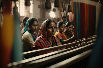 Wall Mural - Textile industry Indian Women working on colorful textile looms AI Generative