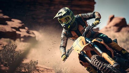 Close-up of mountain motocross race in dirt track in day time. Concept focus of during an acceleration in action sport Splashing sand by ai generative