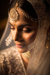 Elegance and Tradition. Embrace the beauty of Indian culture with a portrait of a serene and happy bride in a stunning veil, elegant jewelry. Wedding and culture concep ai generative