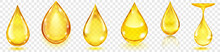 Set Of Realistic Translucent Water Drops In Yellow Colors In Various Shapes With Glares And Shadows, Isolated On Transparent Background. Transparency Only In Vector Format