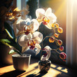 Orchideen stehen auf einer Fensterbank bei Sonnenschein
