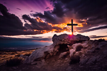 Majestic light and clouds create a dramatic backdrop for the holy cross atop Golgotha Hill, symbolizing the death and resurrection of Jesus Christ. generative ai