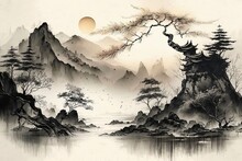 Traditional Chinese Painting. Red Landscape. Painting Of Hills, Trees On Textured Paper. AI