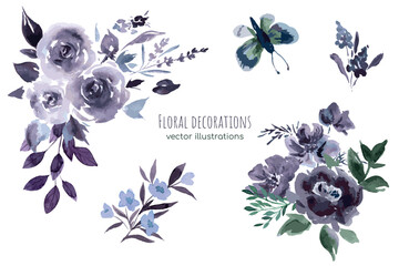 Purple floral watercolor decoration, vector illustration