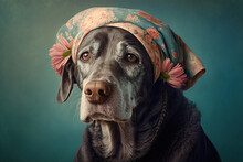 Dog As A Very Old Lady On Colored Background, Concept Of Elderly Transformation And Colorful Imagery, Created With Generative AI Technology