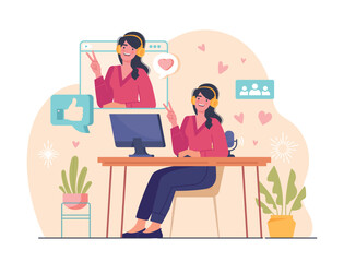 Wall Mural - Blogger record video. Young girl sits in front of computer, woman creates interesting content for websites and social networks. Popular person and famous person. Cartoon flat vector illustration