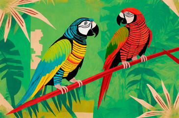 Wall Mural - Colorful parrot and exotic tropical leaves - Art drawing. Generative AI