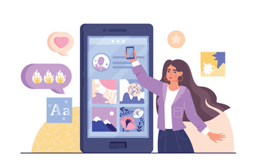 Poster - minimalist content concept. young girl with smartphone. smm specialist promotes account in social ne
