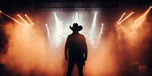 Backlit Male Country Musician Silhouetted By Spotlights On A Smoky Stage By Generative AI