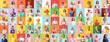 © Pixel-Shot - Group of different people with funny disguise on color background. April Fool's Day celebration