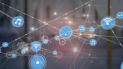 Poster - Animation of glowing network of connections and digital icons against city traffic