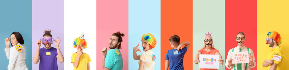 set of different people with funny disguise on color background. april fool's day celebration