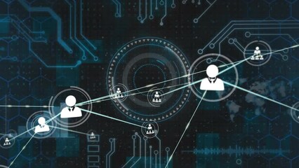 Poster - Animation of network of profile icons over round scanner and microprocessor connections