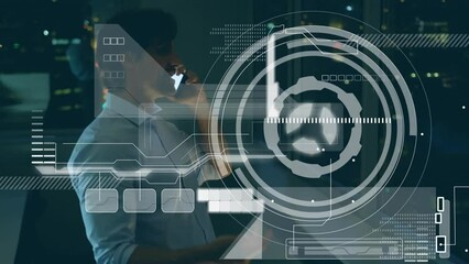 Poster - Animation of interface with data processing over biracial man talking on smartphone at office