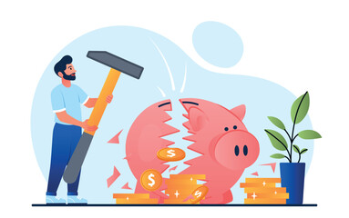 Wall Mural - Breaking moneybox concept. Man with hammer breaks piggy bank. Financial literacy, budgeting and savings. Economy, trading and investment. Young guy with gold coins. Cartoon flat vector illustration