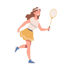 Sticker - Cute happy girl playing tennis. Smiling young woman with racket training on court cartoon vector illustration