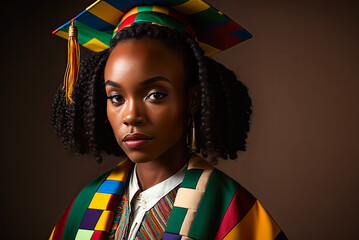 Wall Mural - African american woman graduate wearing kente cap and gown. Generative AI