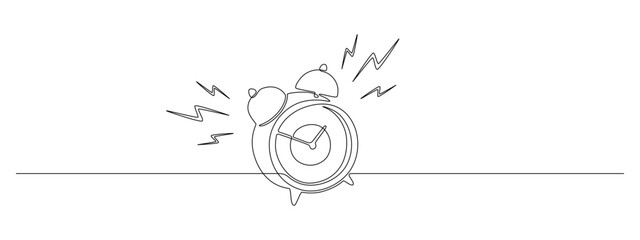 Fototapete - One continuous line drawing of morning alarm clock. Ringing watch to wake up in simple linear style. Reminder and school schedule concept. Editable stroke. Doodle vector illustration