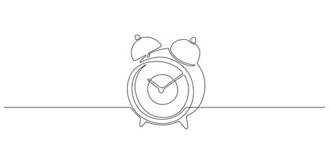 Aufkleber - One continuous line drawing of morning alarm clock. Timer watch to wake up in simple linear style. Reminder and school schedule concept. Editable stroke. Doodle vector illustration