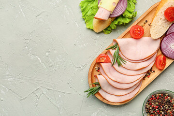 Sticker - Board with ingredients for ham sandwich on grey grunge background