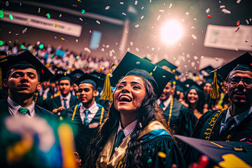 latino woman graduate weaing cap and gown at commencement ceremony, confetti. generative ai