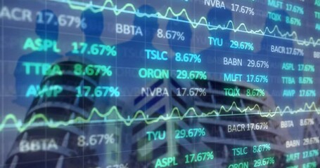 Poster - Animation of stock market data processing over silhouettes of businesspeople against tall buildings