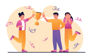 Poster - goal achievement concept. man and young girl with golden cup. colleagues or partners celebrate succe