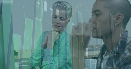 Poster - Animation of multiple graphs moving over multiracial female colleagues analyzing report over laptop