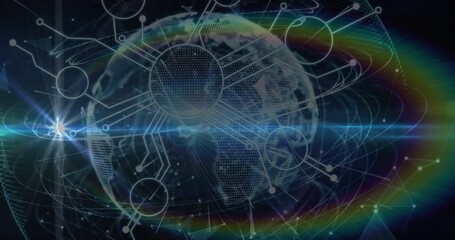 Poster - Animation of rainbow lens flare, microprocessor connections and light trails over a globe