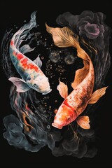 Wall Mural - Watercolor Illustration of Two Colorful Koi Fish Swimming Together - Isolated on black, Generative AI
