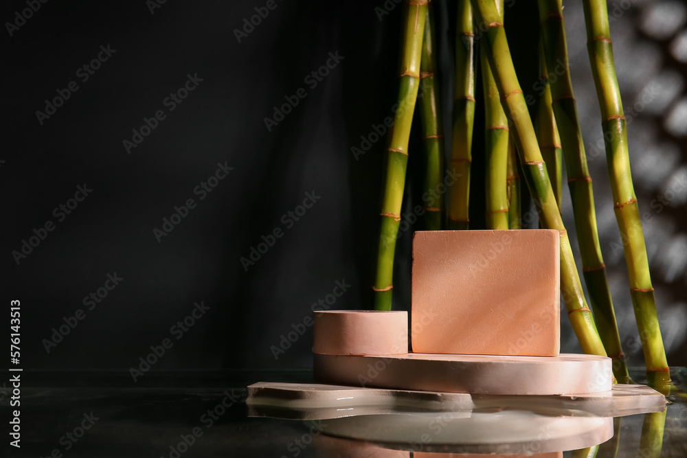 Green bamboo stems and plaster podiums in water on black background