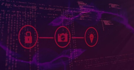 Poster - Animation of connected icons over programming language against abstract background