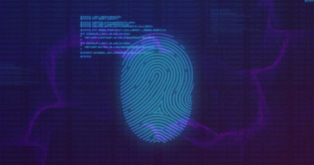 Poster - Animation of illuminated fingerprint over abstract patterns and computer language on blue background
