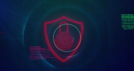 Poster - Animation of circles over padlock in shied against computer language on blue background