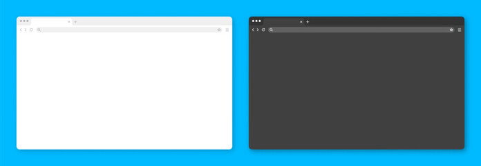 Blank web browser window with tab, toolbar and search field. Modern website, internet page in flat style. Browser mockup for computer, tablet and smartphone. Light and dark mode. Vector illustration