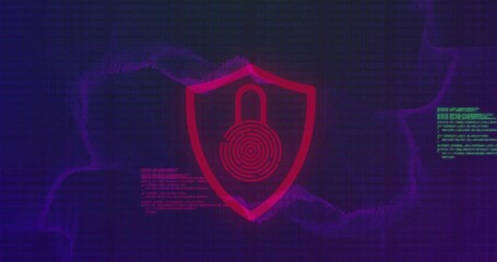 Poster - Animation of fingerprint padlock in shield over computer language against abstract background