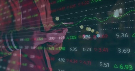 Poster - Animation of stock market data processing against mid section of a man using smartphone