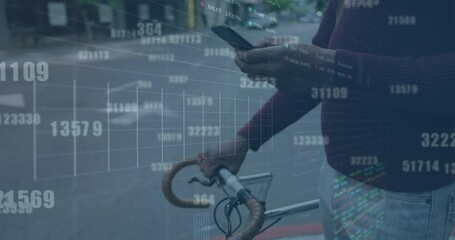 Poster - Animation of changing numbers over mid section of a man with bicycle using smartphone on the street
