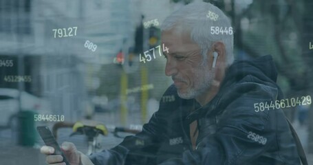 Poster - Animation of changing numbers against caucasian senior man using smartphone on the street