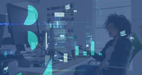 Poster - Animation of statistical data processing against african american woman taking notes at office