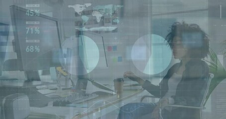 Poster - Animation of statistical data processing against african american woman taking notes at office