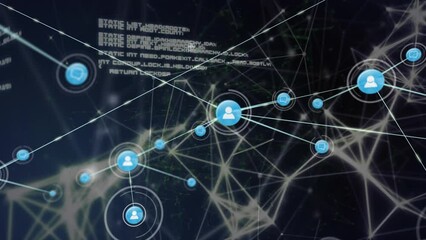Poster - Animation of data processing, network of connections and digital icons against black background