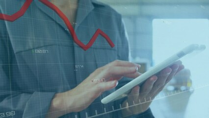 Poster - Animation of financial data processing over caucasian businesswoman using tablet