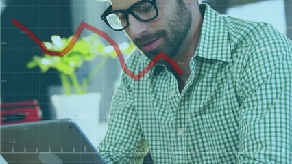 Poster - Animation of financial data processing over caucasian businessman using tablet