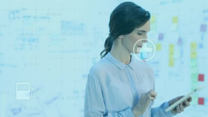 Poster - Animation of financial data processing over caucasian businesswoman using tablet