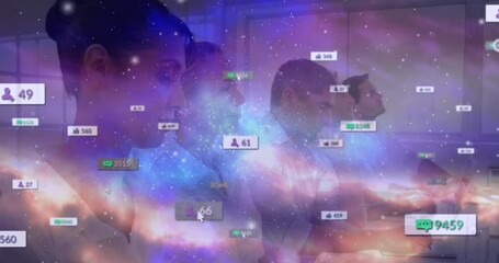 Poster - Animation of connections with icons and data processing over diverse business people