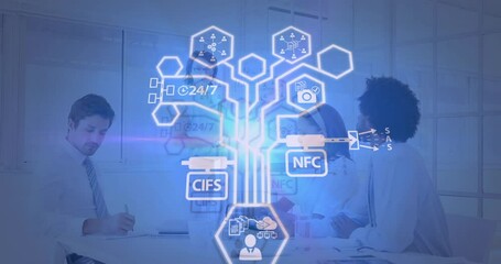 Poster - Animation of connections with icons and data processing over diverse business people