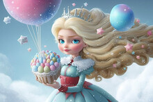 Princess Girl Doll With Blond Hair And Tiara Holding A Colorful Cake And Balloon. Clouds Background. Girl Birthday Card, Invitation Or Poster. Generative AI. 