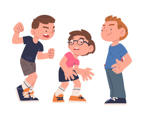 Sticker - Sad boy being bullied by his schoolmates. Mockery and bullying at school cartoon vector illustration