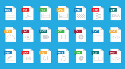 Poster - File format flat icon set. Document file icons vector set 10 eps.